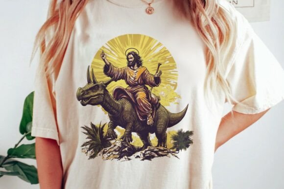 Jesus Riding Triceratops Dino PNG for T-Shirt Designs